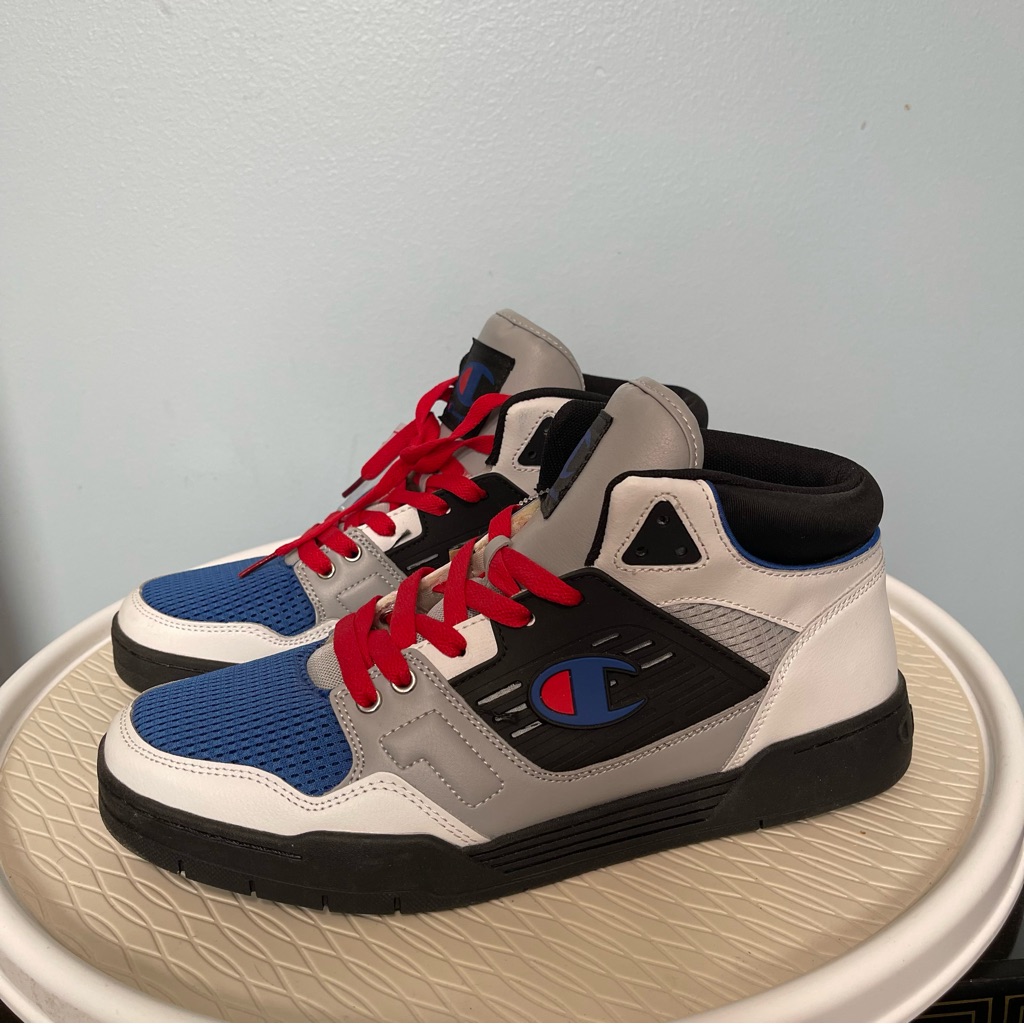Champion. Mens 3 On 3 Block Basketball Sneakers Blue White Leather Shoes